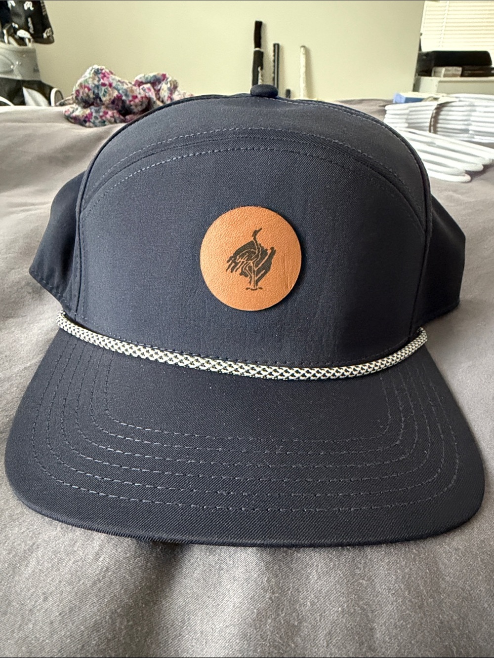 Navy Snapback Cap with Tan Leather Logo Patch